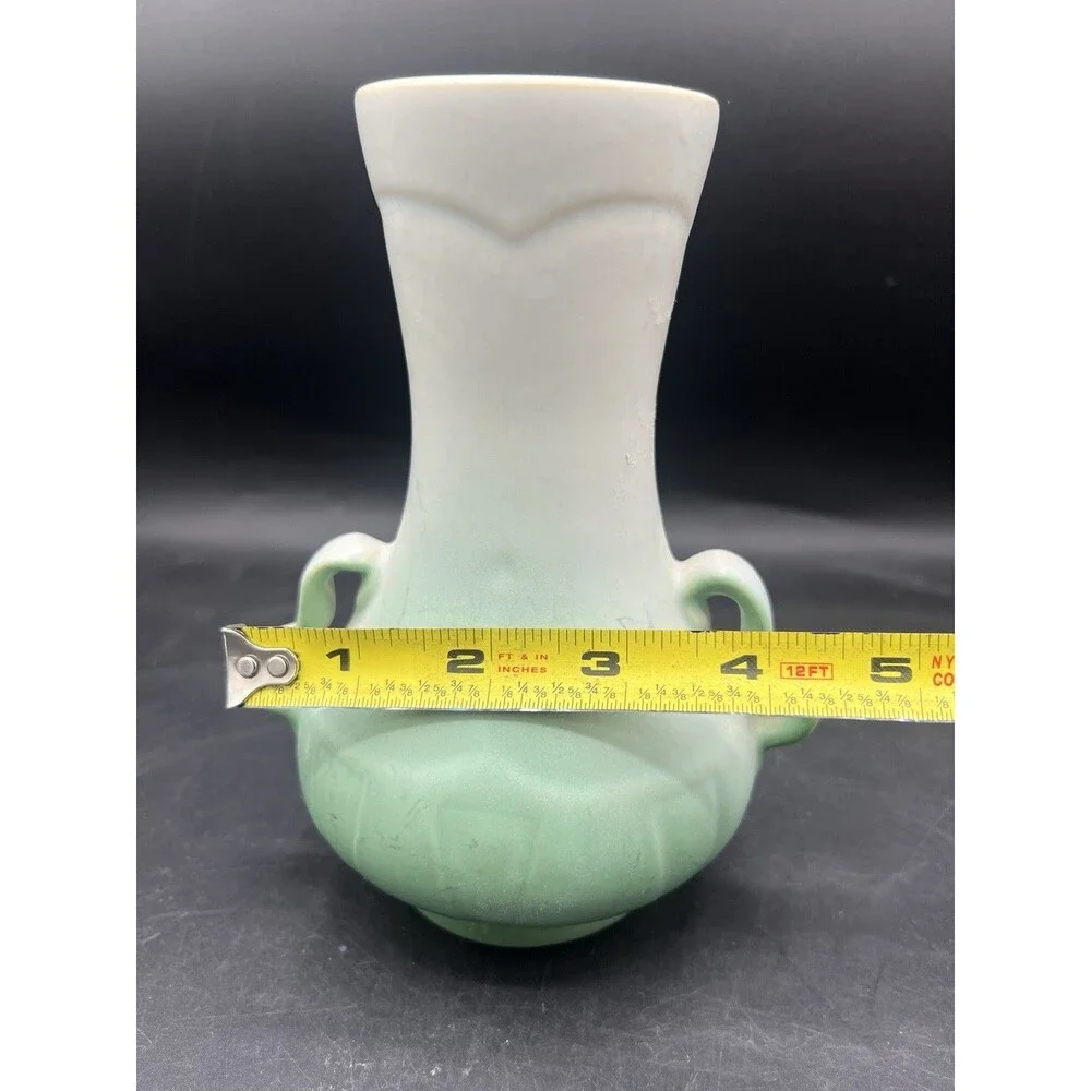 Vintage Weller Panella Double Handle Pansy Art Pottery Vase Green 6.5” USA
